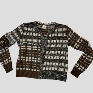 Cabi 100% cotton knit sweater plaid brown fringe women’s small #4097 excd